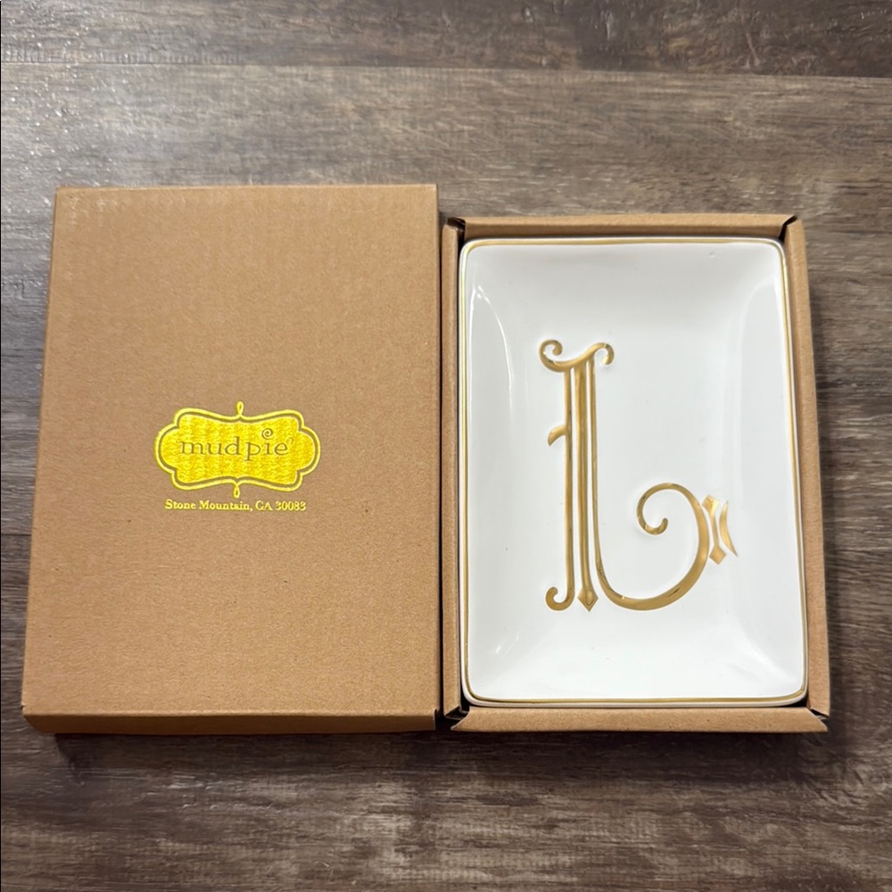 Mud Pie Gold and White “L” Ring Dish